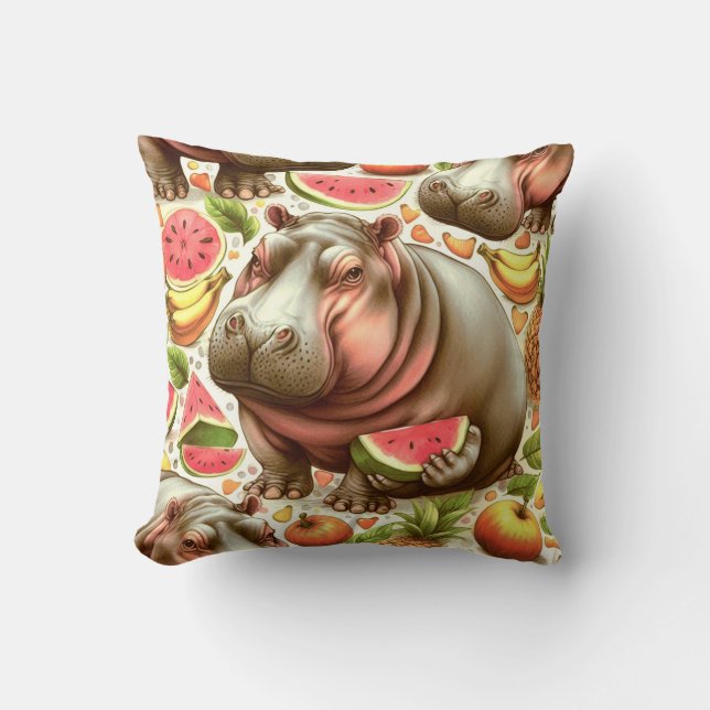 Coussin Vintage Motif d'hippopotame tropical (Recto)