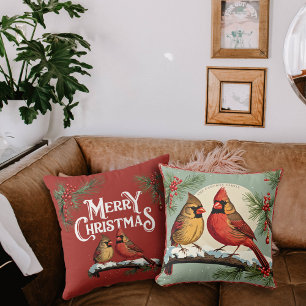 Coussin Vintage Noël Cardinal Birds et Holly