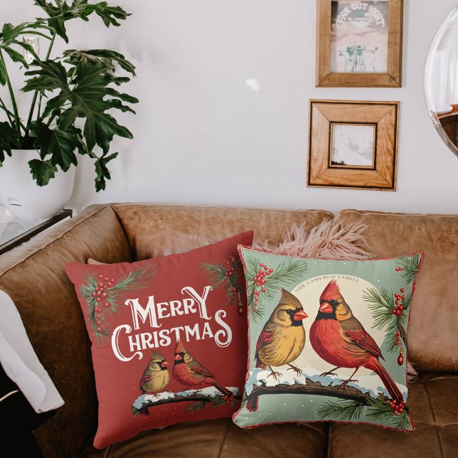 Coussin Vintage Noël Cardinal Birds et Holly (Créateur téléchargé)