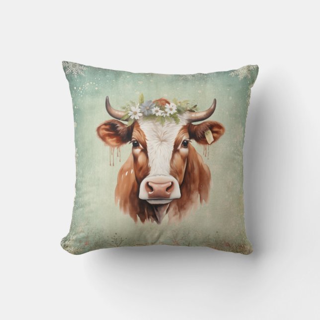 Coussin Vintage Noël de campagne vache  (Recto)