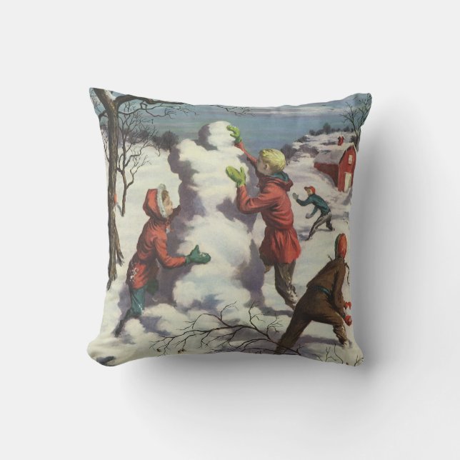 Coussin Vintage Noël, Enfants Snowball combat (Recto)