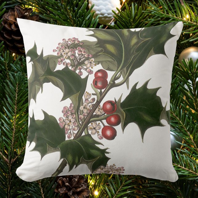 Coussin Vintage Noël, Green Holly Plante avec baies (Créateur téléchargé)