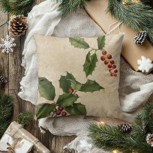 Coussin Vintage Noël Holiday Holly Leaf Feuilles