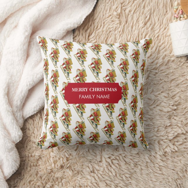 Coussin Vintage Noël Père Noël & Cadeaux Nom personnalisé (Couverture)
