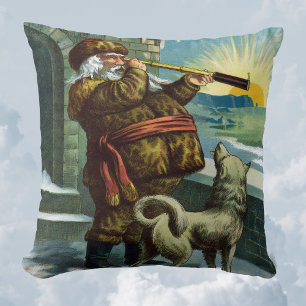 Coussin Vintage Noël Santa Claus Telescope Chien Sunset