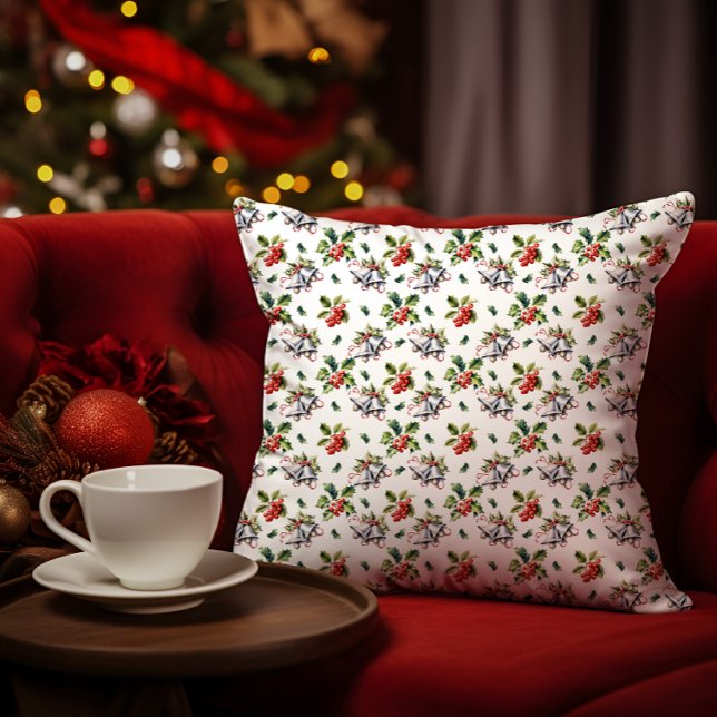 Coussin Vintage Noël Vacances Cloches d'argent et Holly (Vintage Christmas Holiday Silver Bells, Holly and Berries White Throw Pillow)