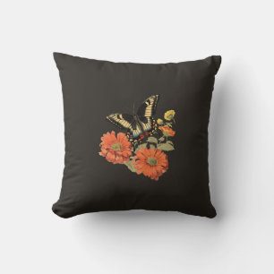 Coussin vintage orange jaune ivoire noir papillon floral