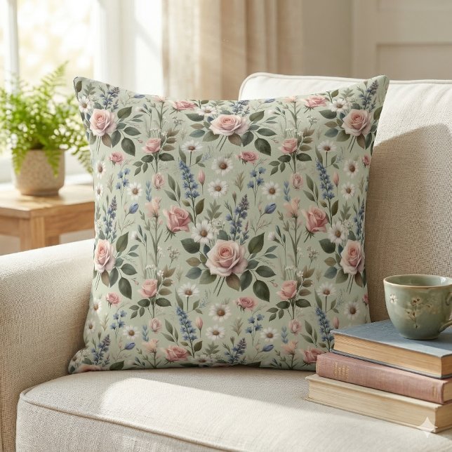 Coussin Vintage Pastel Floral Motif botanique (Vintage Pastel Floral Botanical Pattern Throw Pillow Mockup A)