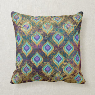 Coussin Vintage Peacock Feather Gold Foil Sollwork IKAT