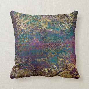 Coussin Vintage Peacock Turquoise Purple Gold Scroll Damas