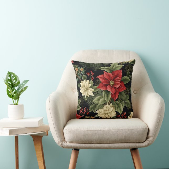 Coussin Vintage Poinsettia Motif Noël (Chaise)