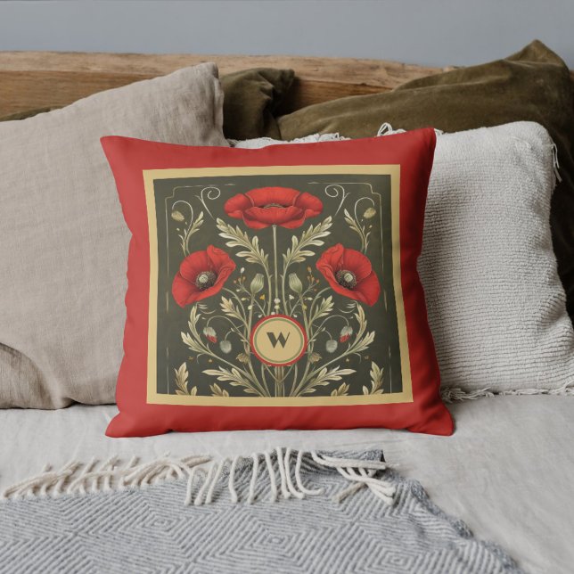 Coussin Vintage Poppies Gold Red Art Nouveau Monogram (Créateur téléchargé)