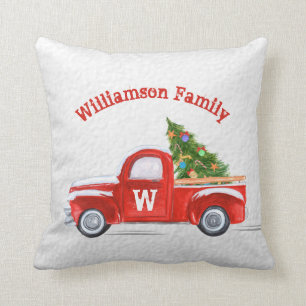 Coussin Vintage Red Truck Christmas Monogramme Nom de fami