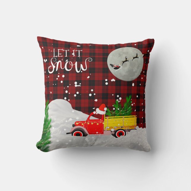 Coussin Vintage RED TRUCK Lumberjack Buffalo Plaid Xmas (Recto)
