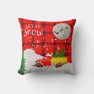 Coussin Vintage RED TRUCK Rustique Xmas Tartan Rouge Noir