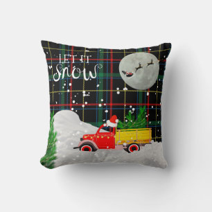 Coussin Vintage RED TRUCK Rustique Xmas Tartan Rouge Vert