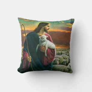 Coussin Vintage Religion, Christ Bon Pasteur avec troupeau