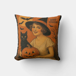 Coussin Vintage/rétro Happy Halloween sorcière, chat, citr