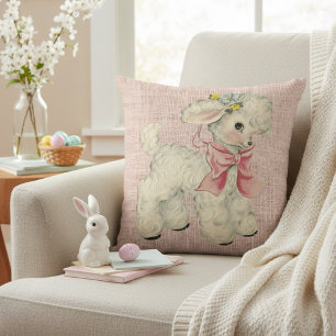 Coussin Vintage Rétro Lin Rose avec Agneau de Bébé Mignon