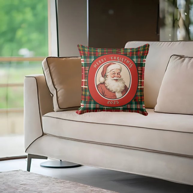 Coussin Vintage Retro Père Noël Rustique Plaid (Créateur téléchargé)