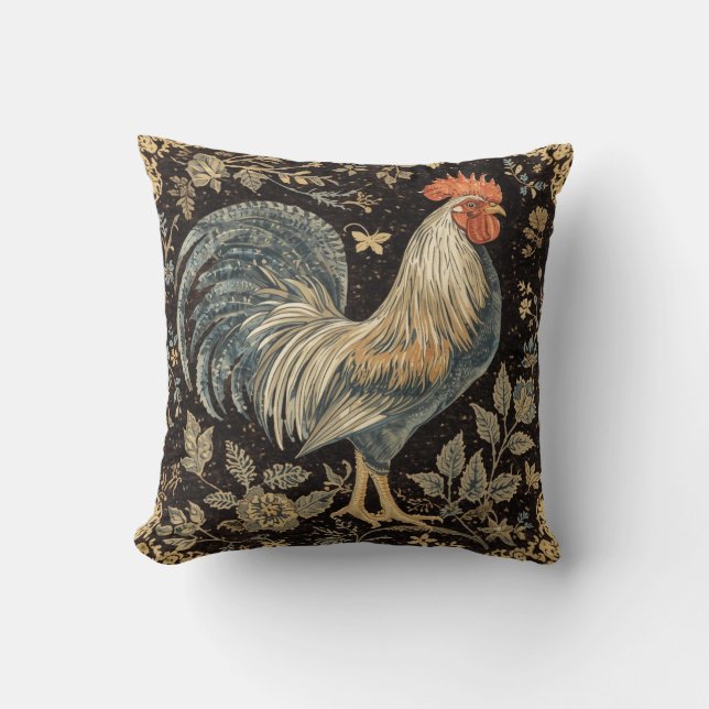 Coussin Vintage Rooster, Florals Pattern,Black Background (Recto)