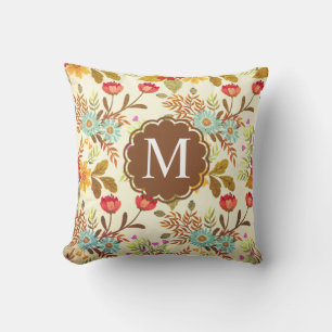 Coussin Vintage Rose Brown Bleu Floral Monogramme Jeter pi