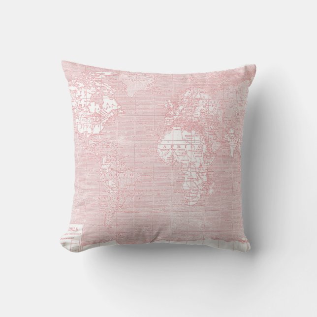 Coussin vintage rose de carte du monde (Recto)