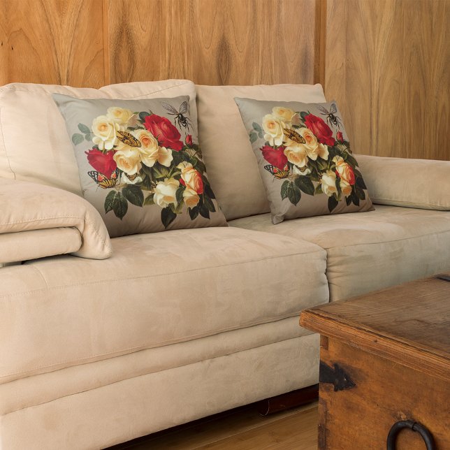 Coussin Vintage Roses rouges jaunes Papillons Abeilles (Créateur téléchargé)