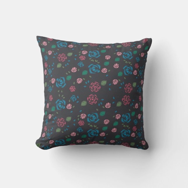 Coussin vintage rouge & bleu motif floral (Recto)
