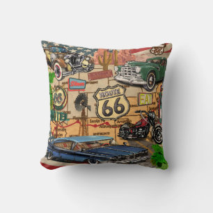 Coussin Vintage Route 66, affiche nostalgique.