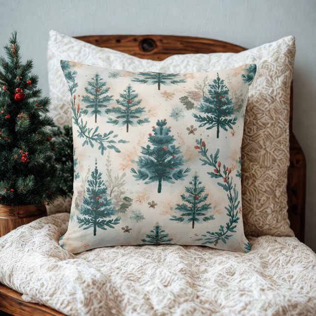 Coussin Vintage Russe Aquarelle Hiver Pine Tree Motif (Vintage winter holiday pine tree pattern throw pillow)