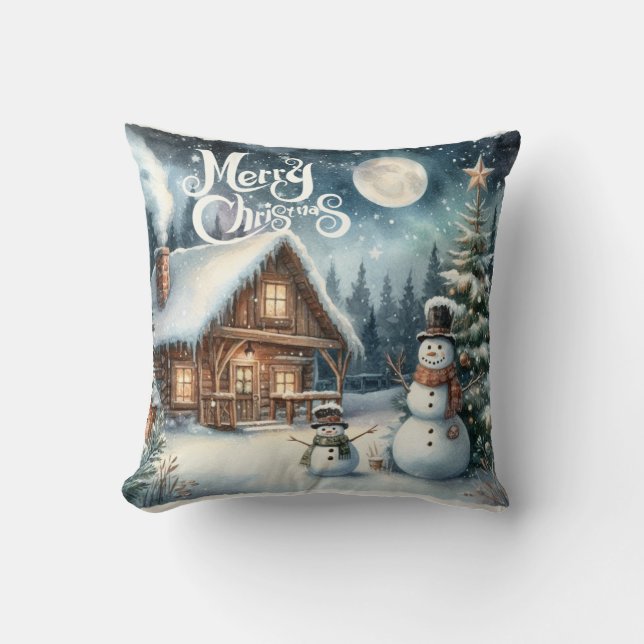 Coussin Vintage/Rustique/Bonhomme de neige/Noël (Recto)
