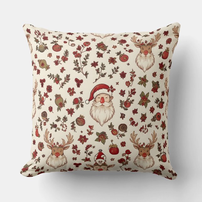 Coussin Vintage Santa & Reindeer Christmas Pillow (Recto)