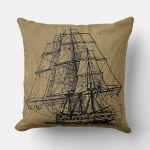 Coussin Vintage Ship Art sur le faux burlap