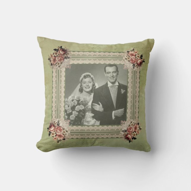 Coussin Vintage Smoky Green Damask Memory Photo (Recto)