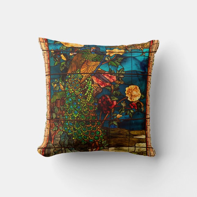 Coussin Vintage Stained Glass with Peacocks and Flowers (Recto)