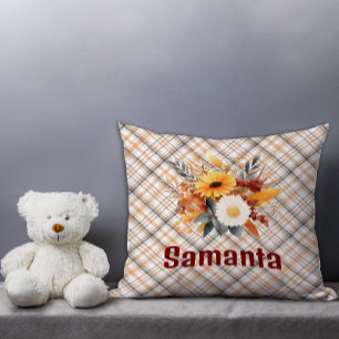 Coussin Vintage tartan aquarelle fleur sauvage bordeaux no