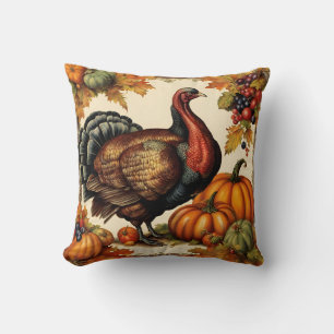 Coussin Vintage Thanksgiving Turquie, fruits et Citrouille