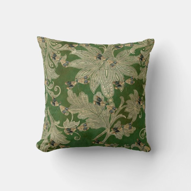 Coussin Vintage vert Tan Damask Floral Dragonflies (Recto)