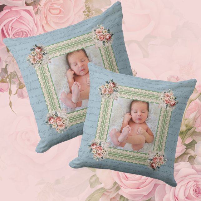 Coussin Vintage Victorien Faded Damask Photo (Personalize with photo of your choice!)