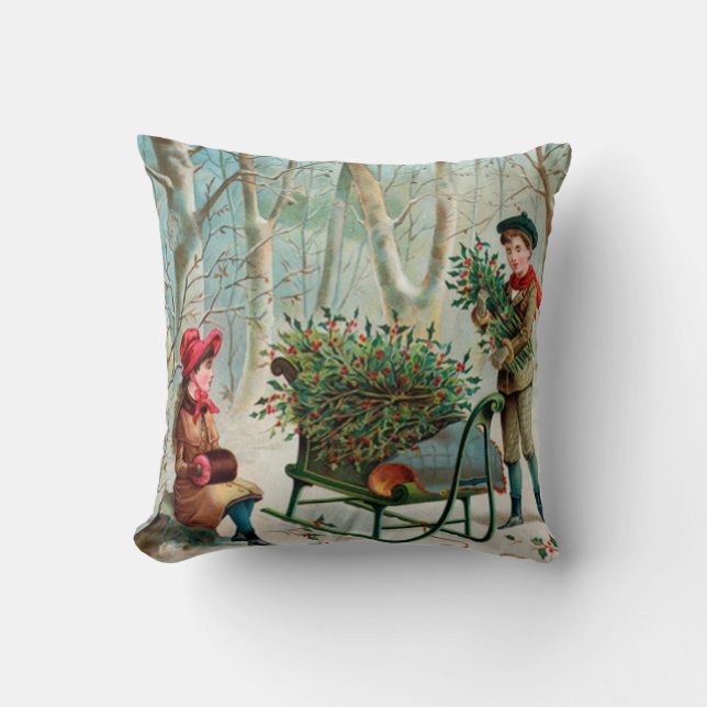 Coussin vintage, victorien, rustique, noël, motif, fille e (Recto)