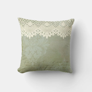 Coussin Vintage Victorien Vert Faded Damask Faux Lace
