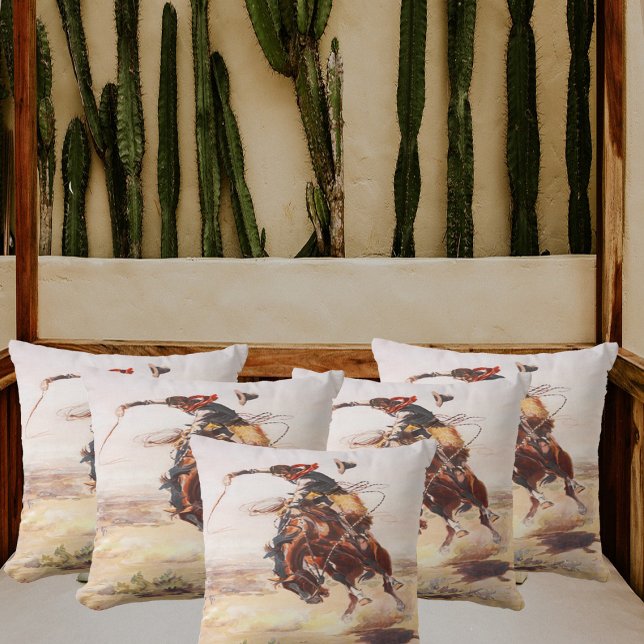 Coussin Vintage Wild West Cowboy sur Bucking Horse Western (Créateur téléchargé)