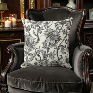 Coussin Vintage William Morris Floral Noir Blanc Antique