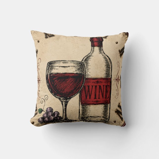 Coussin Vintage Wine Bottle and Glass Rustic Vineyard  (Recto)