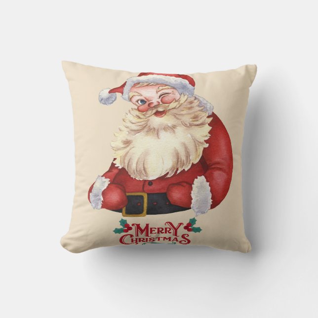 Coussin Vintage Winking Santa Merry Christmas Pillow (Recto)