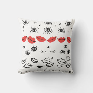Coussin Vintages yeux, motif des lèvres rouges.
