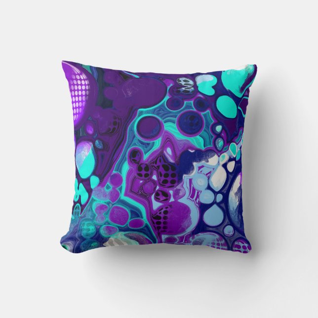 Coussin Violet, Bleu et Turquoise Abstrait Fluid Art (Recto)