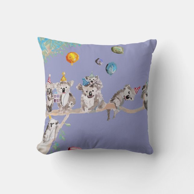 Coussin Violet Enfants Koalas Mignons Anniversaire (Recto)
