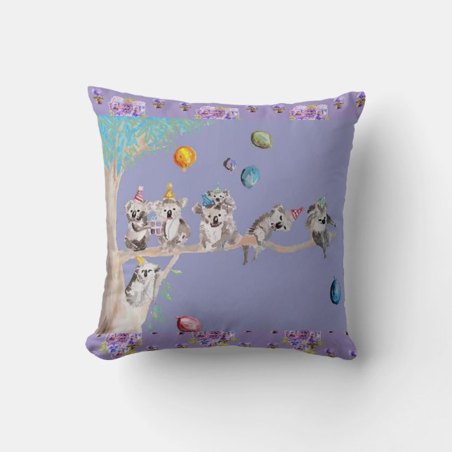 Coussin Violet Enfants Koalas Mignons Anniversaire (Recto)